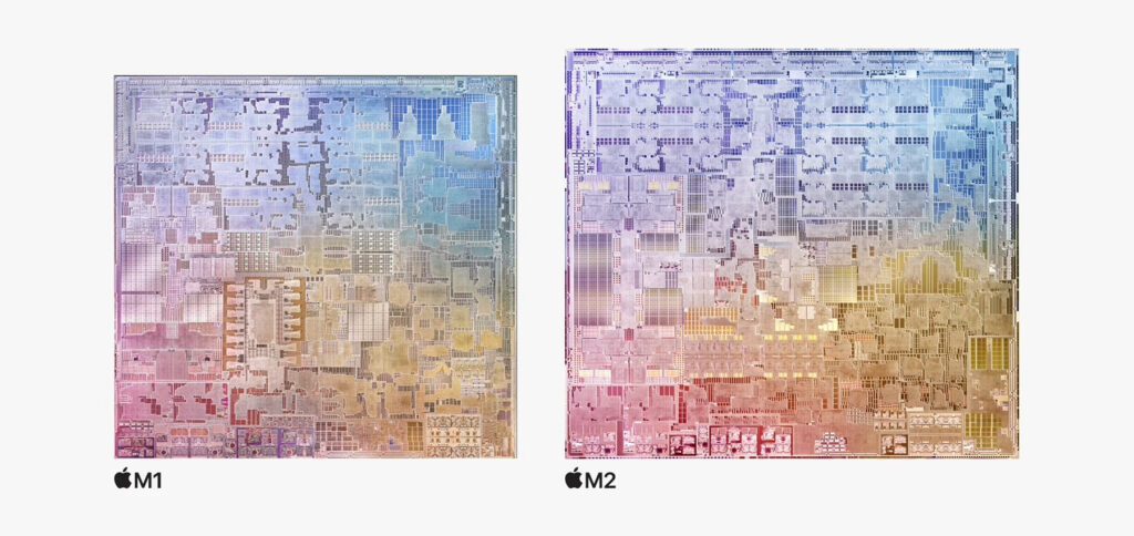 Układ M22, zaprezentowany podczas przemówienia na WWDC2, jest nieco większy i mocniejszy niż układ M1. W tym artykule znajdziesz porównania dwóch chipów, a także porównania ze sprzętem PC. Źródło obrazu: Apple.com