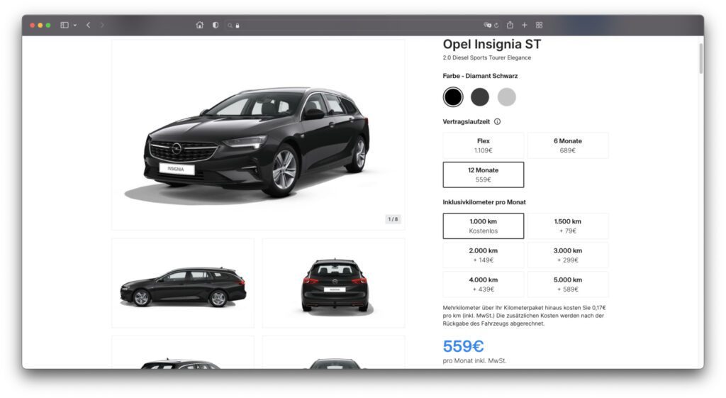 Als Standardpreis in der Übersicht der Marken und Modelle fürs Auto im Abo mieten bei FINN findet ihr meist das Angebot für 12 Monate und 1.000 km im Monat. Der Preis variiert aber, je nachdem, welches Abo-Modell und wie viele weitere Kilometer ihr auswählt.