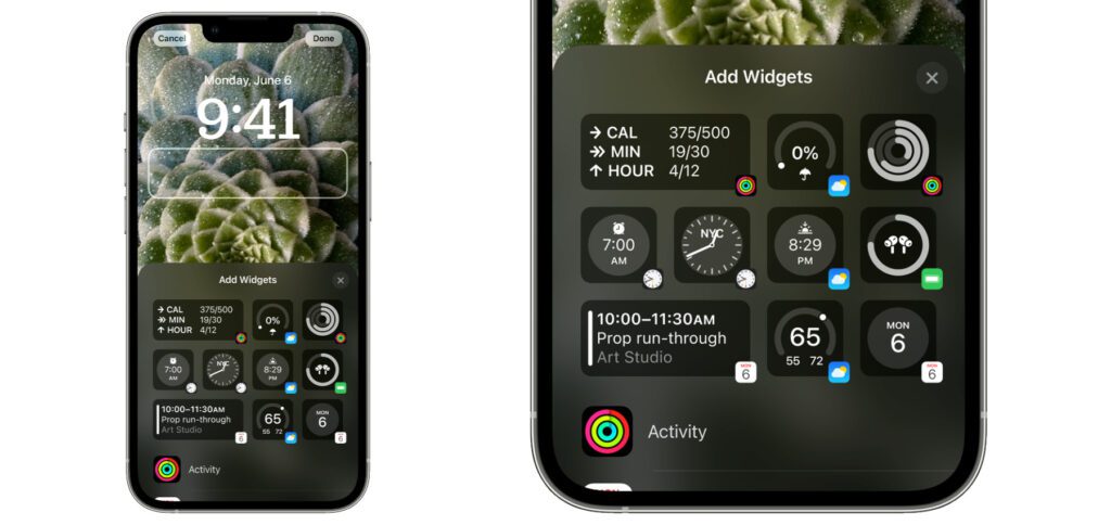 Auf dem iPhone-Sperrbildschirm können ab iOS 16 Widgets mit Informationen verschiedener Apps und Geräte angezeigt werden. Hier die Auswahl aus der ersten iOS 16 Beta-Version – frisch von der WWDC22.