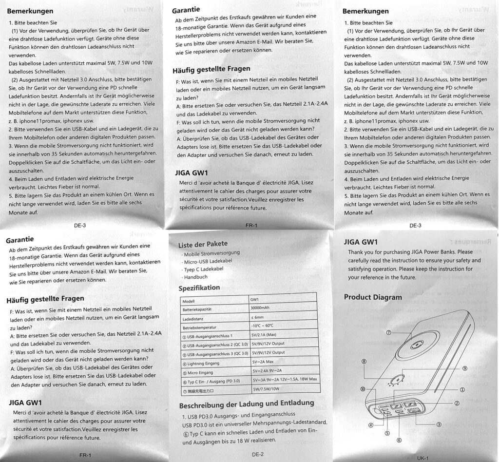 Ecco il manuale utente per il JIGA GW1 Powerbank - purtroppo solo messo insieme da brutte foto.