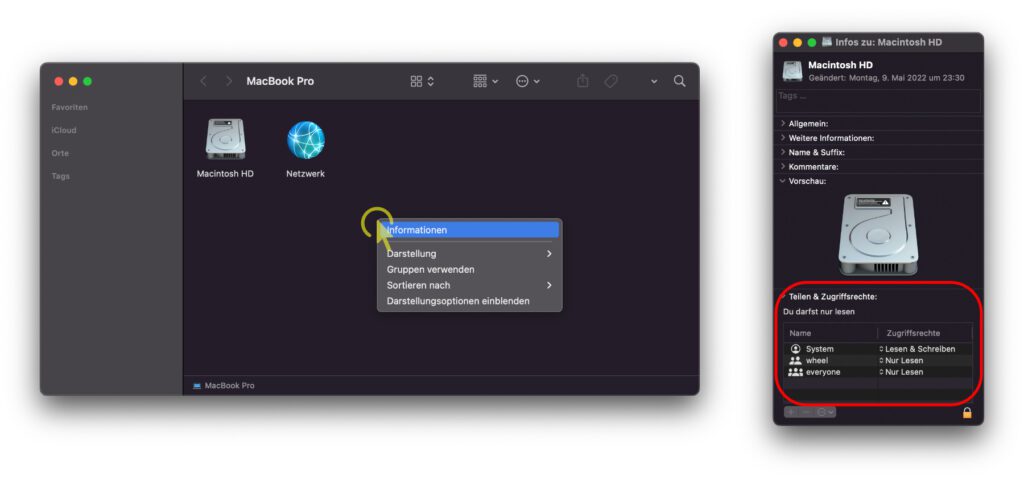 Um Zugriffsrechte für Ordner, Festplatten und andere Orte in macOS festzulegen, ruft die Informationen im Finder auf. Das geht per Rechtsklick oder über die Tastenkombination ⌘ + I. Ganz unten lassen sich Berechtigungen für Lesen und / oder Schreiben zuweisen.