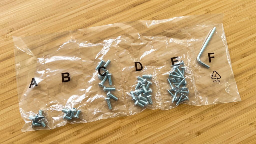 The screws are sorted in small bags and these are labeled. So you don't have to sort out which goes where.