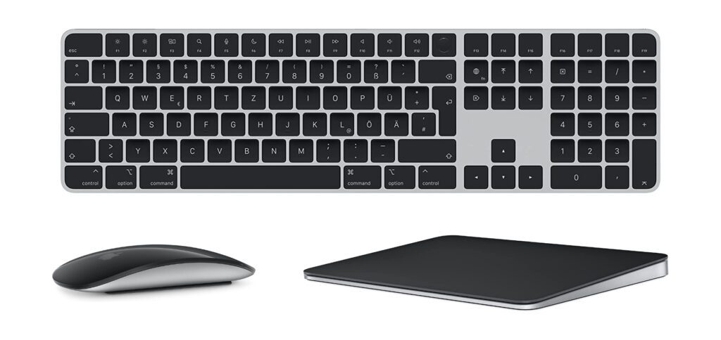 Wer keine optische Ablenkung auf dem Schreibtisch will, kann das Apple Magic Keyboard, die Apple Magic Mouse und das Apple Magic Trackpad in Schwarz kaufen. Das schwarze Zubehör ist kabellos per Bluetooth an Mac und iPad nutzbar.