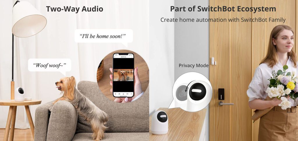 The SwitchBot surveillance camera offers two motors for an all-round view in the apartment, full HD resolution, two-way audio, a privacy mode and many other features. Videos can be stored locally using a microSD card up to 128 GB.