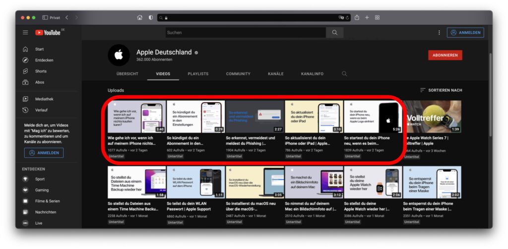 Apple hat auf dem deutschen YouTube-Kanal fünf neue Support-Videos für die Hilfe am iPhone, iPad und iPod touch hochgeladen. Darin dreht sich alles um den erzwungenen Neustart, um System-Aktualisierungen, um die Vermeidung von Phishing, ums Abos kündigen und um die Ermöglichung von Software-Käufen.