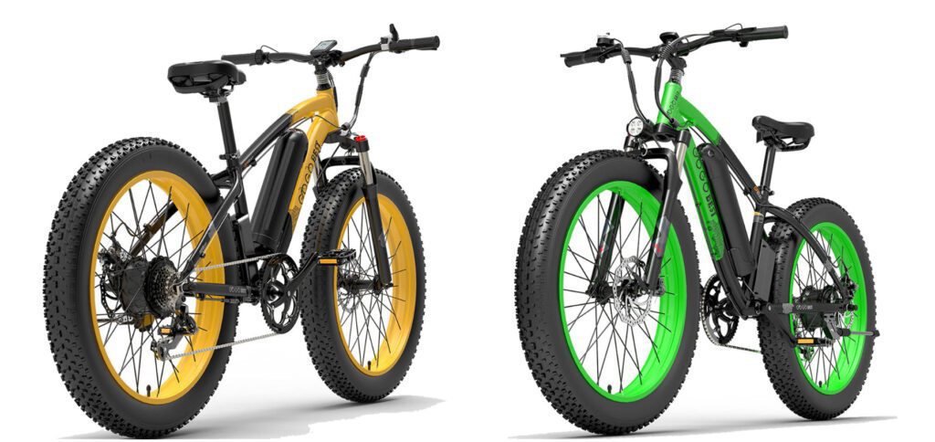 In addition to the rather simple black and gray color combination, you can also buy the GOGOBEST GF600 Fat Tire electric bike with yellow and green accents. The battery in the form of a drinking bottle offers a range of up to 25 km/h and 110 km when the motor is running in assistance mode.