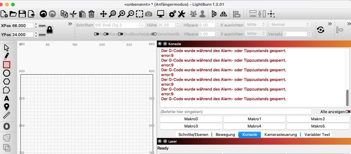 Aufero Laser 2 und Lightburn disconnected und error9 gelöst