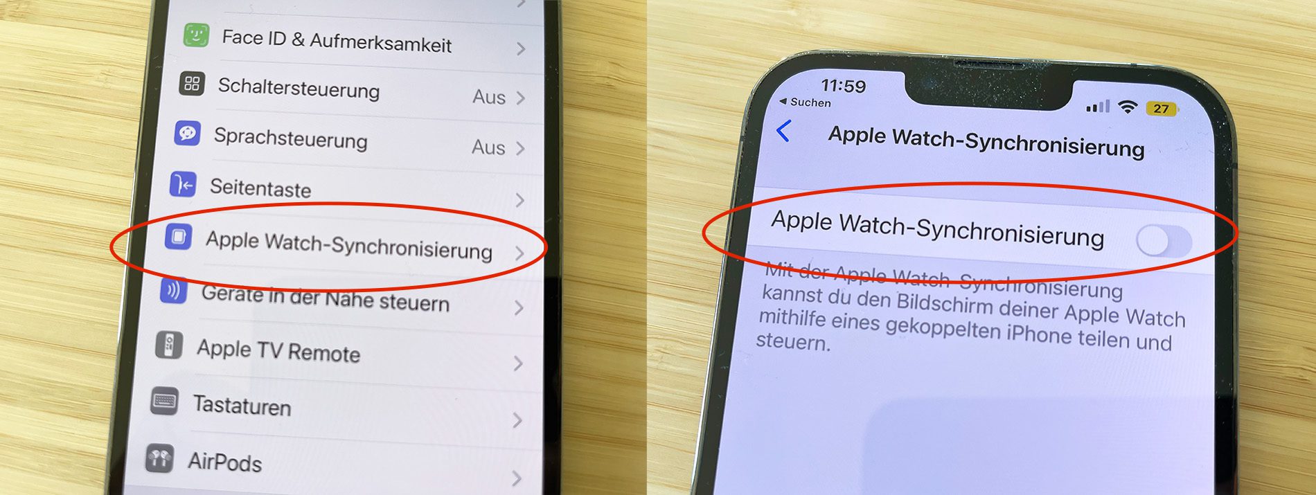 Hier sieht man, wo man die Funktion aktiviert, umdie Synchronisierung zwischen Apple Watch und das iPhone zu synchronisieren (Fotos: Sir Apfelot).