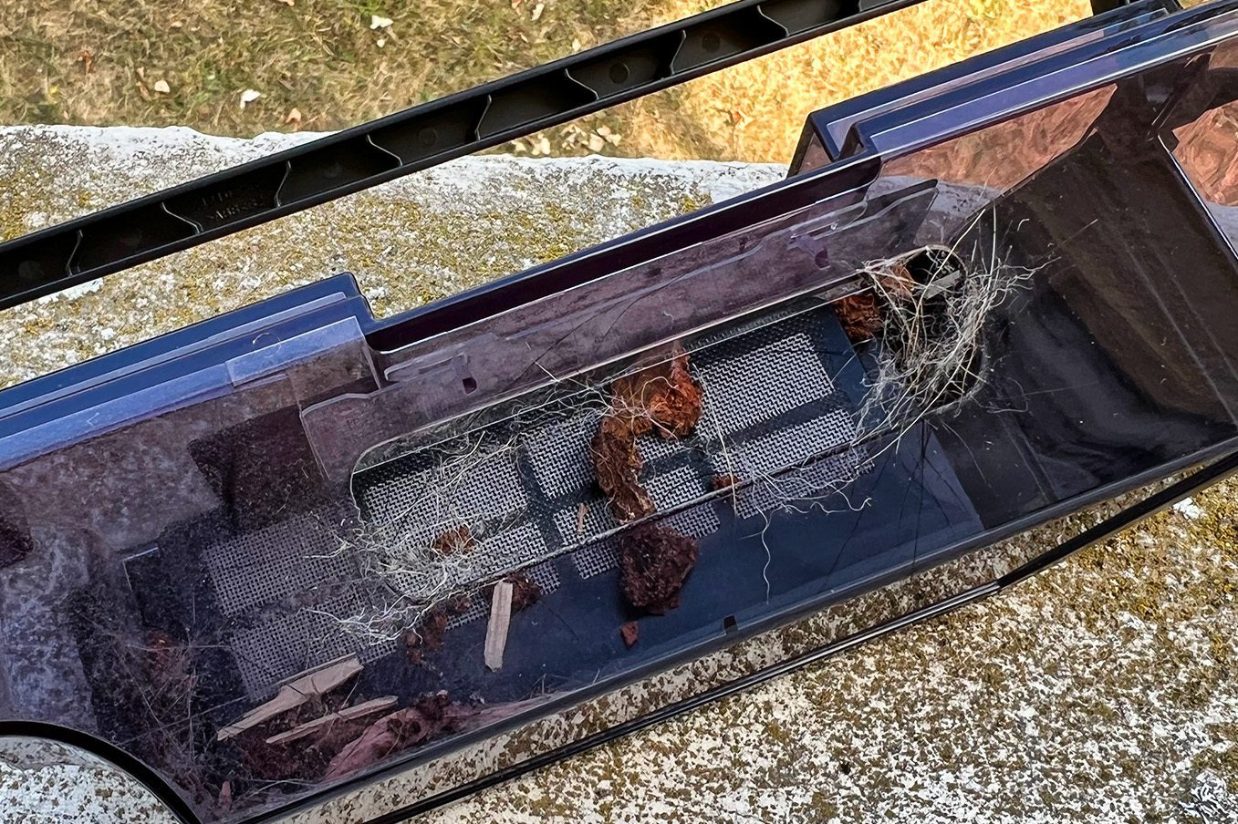 Nach dem Absaugen verblieben in der Box nur Rinden- und Holzstücke, die unser Hund zerlegt und auf dem Boden liegenlassen hatte. Alles andere – sogar Steinchen von unserer Renovierung wurden anstandslos in den Beutel abgesaugt.