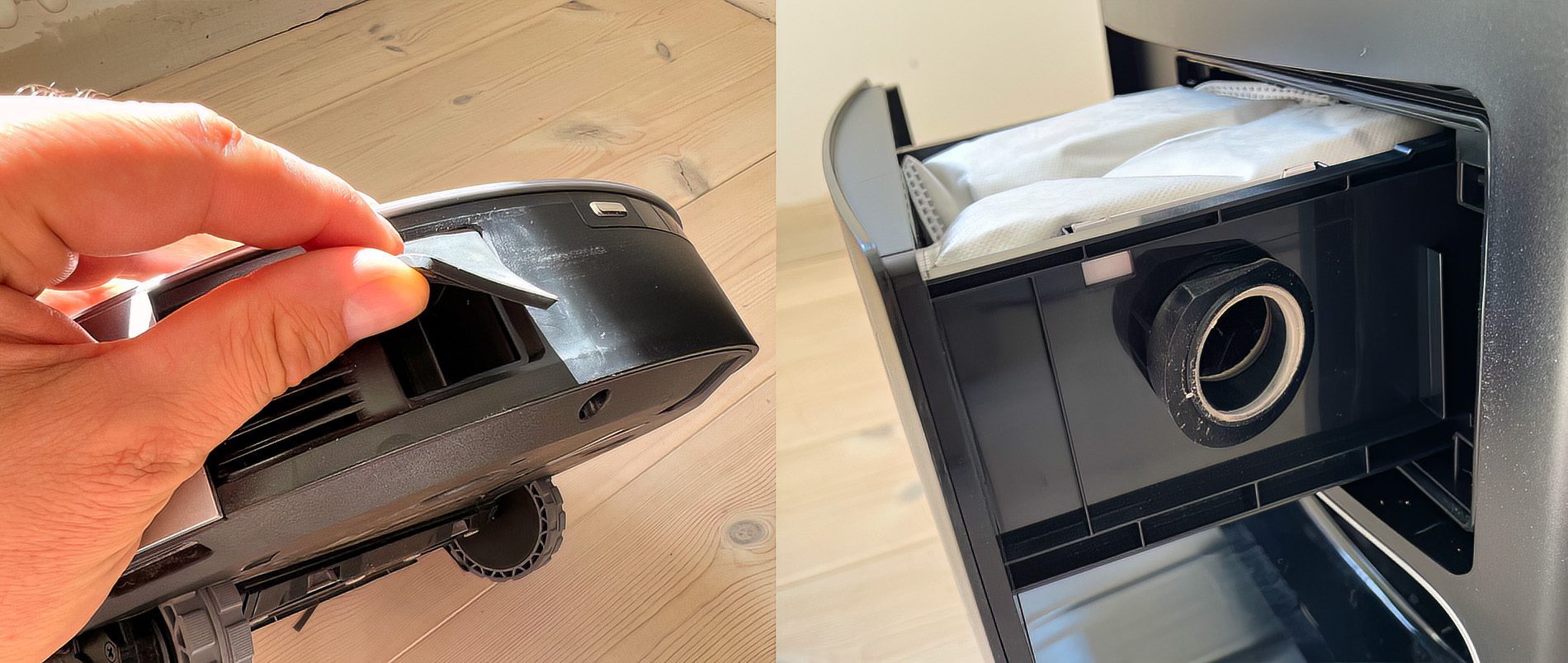 Links sieht man die Gummiabdeckung, für den Absaugkanal am Roboter und rechts sieht man den Beutel, in dem der Schmutz nach dem Absaugen landet.
