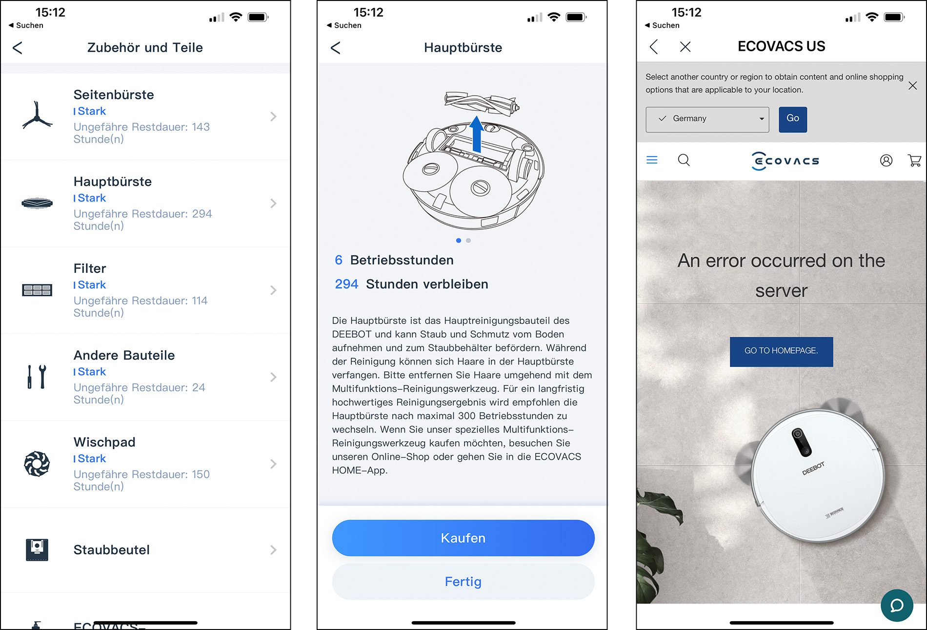 In der App kann man jederzeit sehen, wie lange ein Zubehörteil wahrscheinlich noch läuft, bis es gewechselt werden sollte. Man kann sogar in den Shop kommen, aber diese Links funktionieren (noch) nicht. Ich denke, hier wird von Ecovacs sicher nachgebessert.