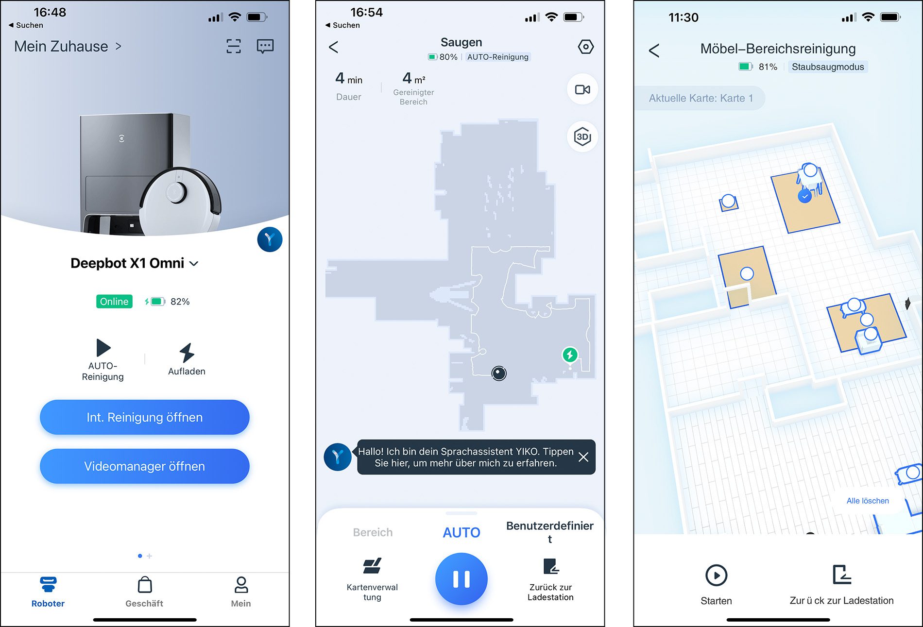Hier sieht man noch drei Screenshots von der App: Links den Hauptbildschirm des Gerätes; in der Mitte wird gerade die erste Karte erstellt und rechts ist die fertige 3D-Ansicht des Grundrisses. Die Teppiche wurden automatisch erkannt und man kann den Roboter mit einen Tipper auf den jeweiligen Teppich gezielt dorthin schicken.