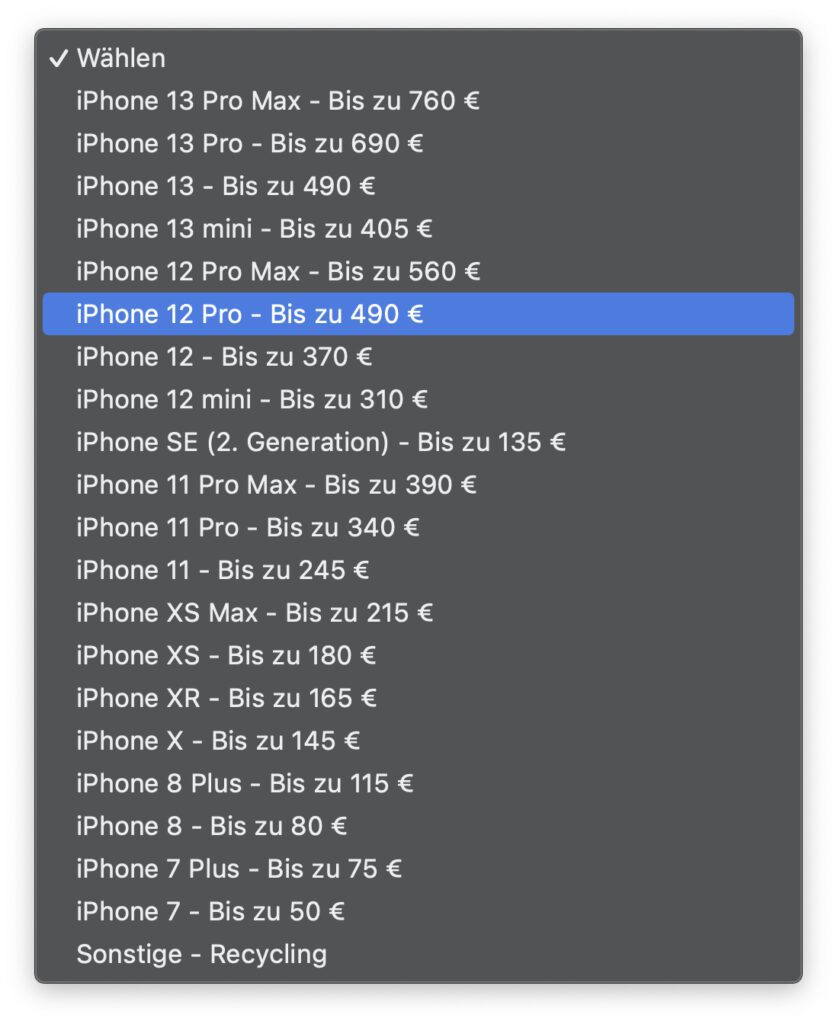 Si compra el nuevo iPhone 14 (Plus) a través de la tienda en línea de Apple, puede intercambiar su modelo anterior y obtener un crédito por él. Los precios indican el máximo que está disponible para un dispositivo completamente funcional sin daños.