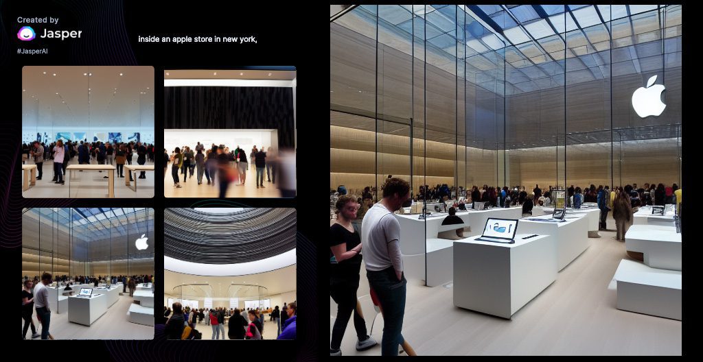 In einem Apple Store in New York – ich finde, das hat die AI schon recht gut getroffen.
