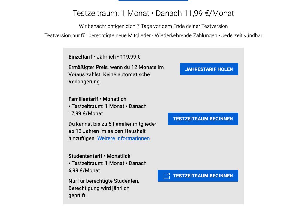 Hier sieht man die Preisliste des Dienstes (Stand: 09/2022). Ich habe den Family-Tarif gebucht, da meine Kids auch werbefrei leben sollen.