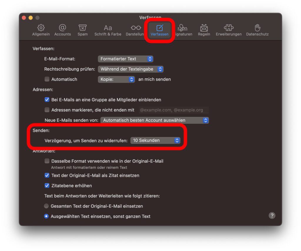 If you want to deactivate the delayed sending of emails or adjust the time period for this, you will find the right settings here.