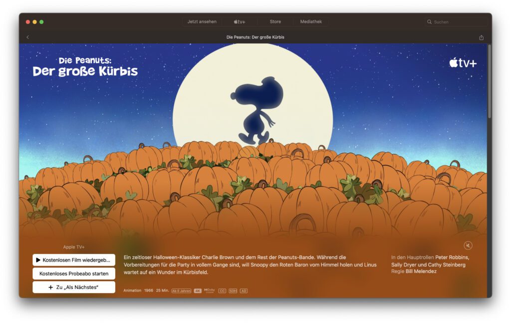 You can stream the 25-minute film It's the Great Pumpkin, Charlie Brown or Peanuts for free on Apple TV+ starting now and until Halloween, October 31, 2022.