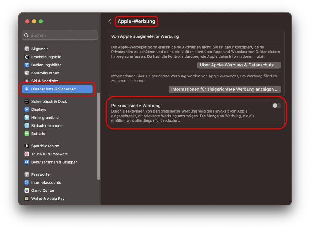 También puede mantener los anuncios más generales en la Mac. Así es como se ven las configuraciones correspondientes en macOS Ventura.