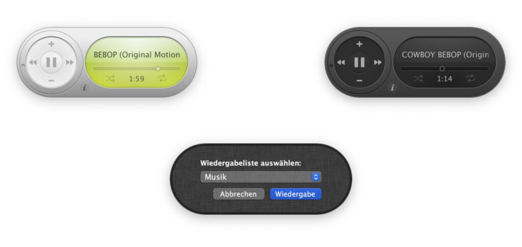 The Music Widget app, modeled after Mac OS X Tiger's iTunes widget, can be used in light and dark modes. The small i takes you to the playlist selection.