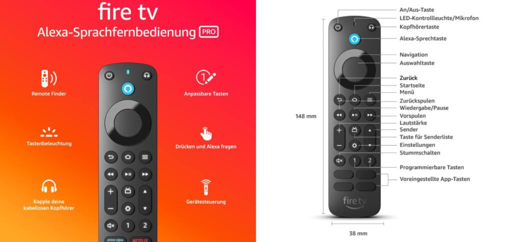 El nuevo Alexa Voice Remote Pro para los modelos actuales de Fire TV Stick y Fire TV Cube no solo tiene más botones, sino también retroiluminación para los mismos, una salida de sonido para encontrar y un botón de auriculares para un emparejamiento rápido de Bluetooth. Fuente de la imagen: Amazon.de