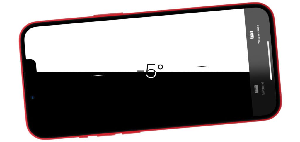 Die Hilfslinien und die Grad-Anzeige deuten auf die Ausrichtung des iPhones auf der x- und y-Achse hin. Die Höhe des schwarzen Bildanteils zeigt die Neigung nach vorn oder hinten. Wird 0° angezeigt und wechselt die Färbung zu Grün, dann ist alles gerade.