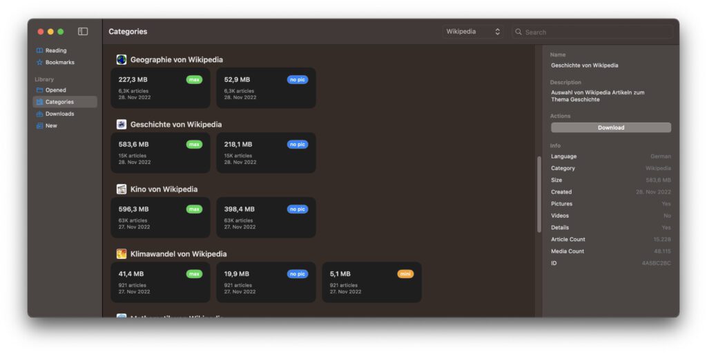 macOS Ventura Mit der kostenlosen Kiwix App könnt ihr die Wikipedia herunterladen – entweder im Komplett-Paket oder nur einzelne Kategorien. Auch andere Wissens- und Unterhaltungsseiten lassen sich speichern, um sie offline zu nutzen. Hier ein Screenshot unter <a class=