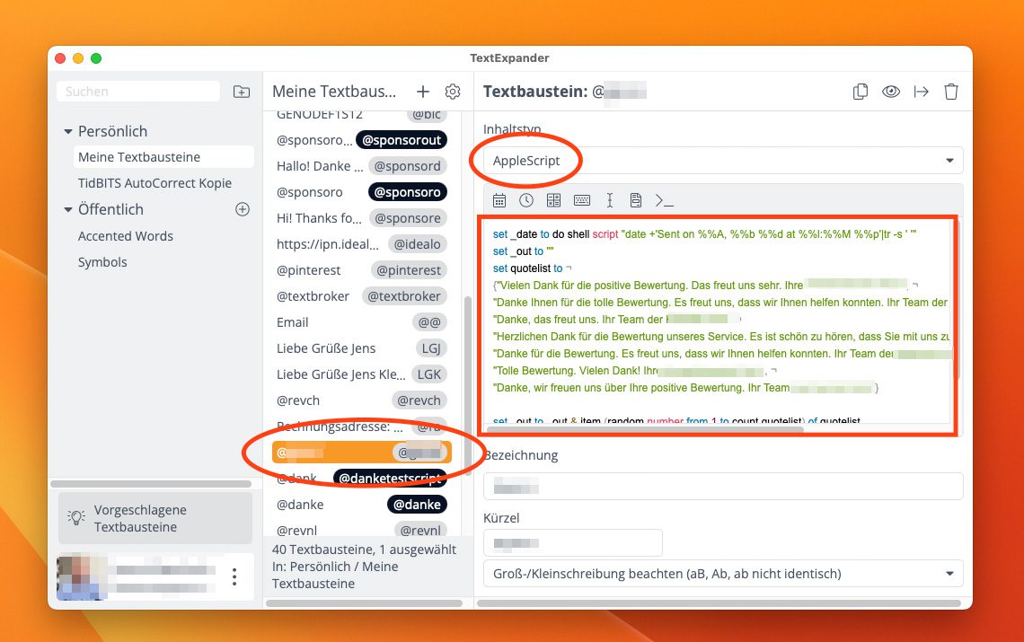 Hier der Textbaustein aus Textexpander, über den man eine zufällige Antwort ausgeben kann.
