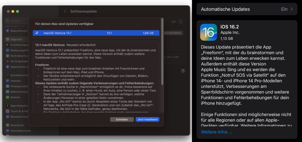 Update-Hinweise auf dem Mac (MacBook Pro von 2021 mit macOS Ventura) und auf dem iPhone (iPhone 12 Pro mit iOS 16.1.2).