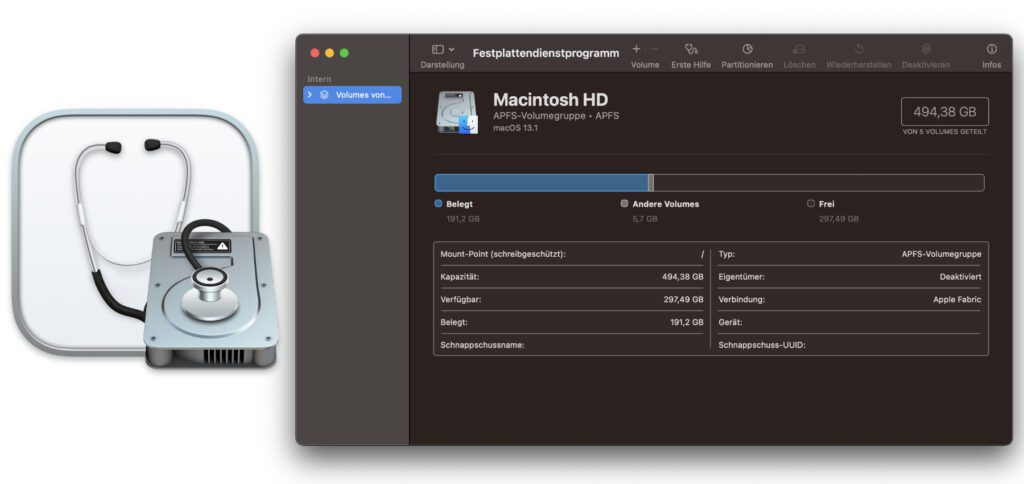 Das Festplattendienstprogramm von macOS: Hier könnt ihr interne sowie externe Speicher am Apple Mac verwalten. Festplatte formatieren, den Speicher partitionieren, Volumes verwalten, RAID-Systeme erstellen und mehr ist möglich.