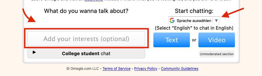 Unten auf der Webseite kann man seine Hobbys angeben und die Sprache auswählen, in der man chatten möchte. Danach klickt man auf den Button für den Textchat oder für den Videochat.