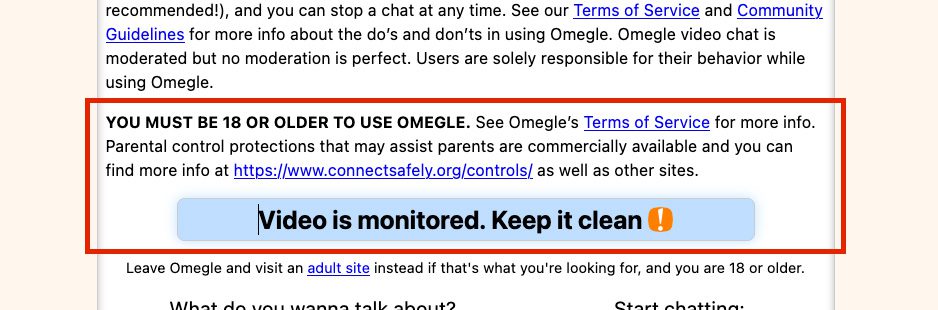 Der Hinweis auf der Startseite ist eindeutig: Omegle ist erst ab 18 Jahre empfehlenswert – aber leider können auch Jugendliche und Kinder ungehindert auf die Webseite zugreifen.