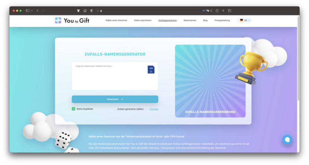 Manuelle Eingaben bzw. hochgeladene Excel- oder CSV-Dateien lassen sich bei You to Gift dazu nutzen, Gewinner/innen per Zufallsgenerator auszulosen. Das ist eine gute Alternative zum Standardservice, wenn nicht nur ein Gewinn, sondern mehrere Gewinne verteilt werden sollen.