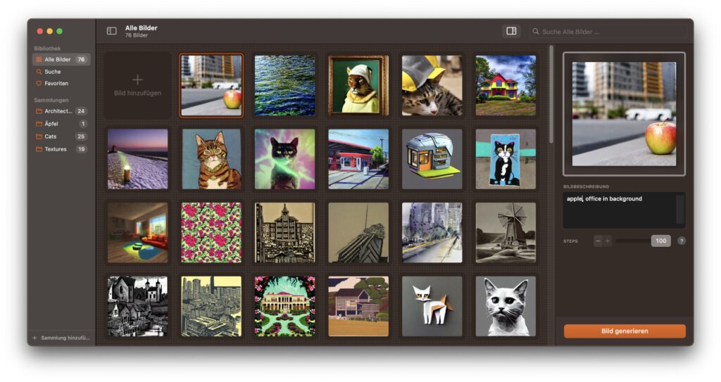 The strength of AI Photo, in addition to creating images in a wide variety of styles, lies in the sorting of the various images. These are saved in the app and are not lost when it is closed (which is the case with Mochi Diffusion, for example, if you do not save the images manually).