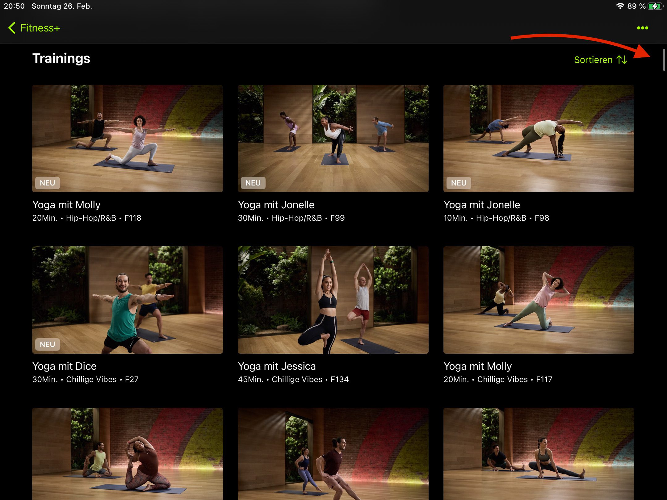 Hier sieht man nur die Yoga-Videos. Anhand des Scrollbalkens kann man erahnen, wie viele Videos man hier findet.