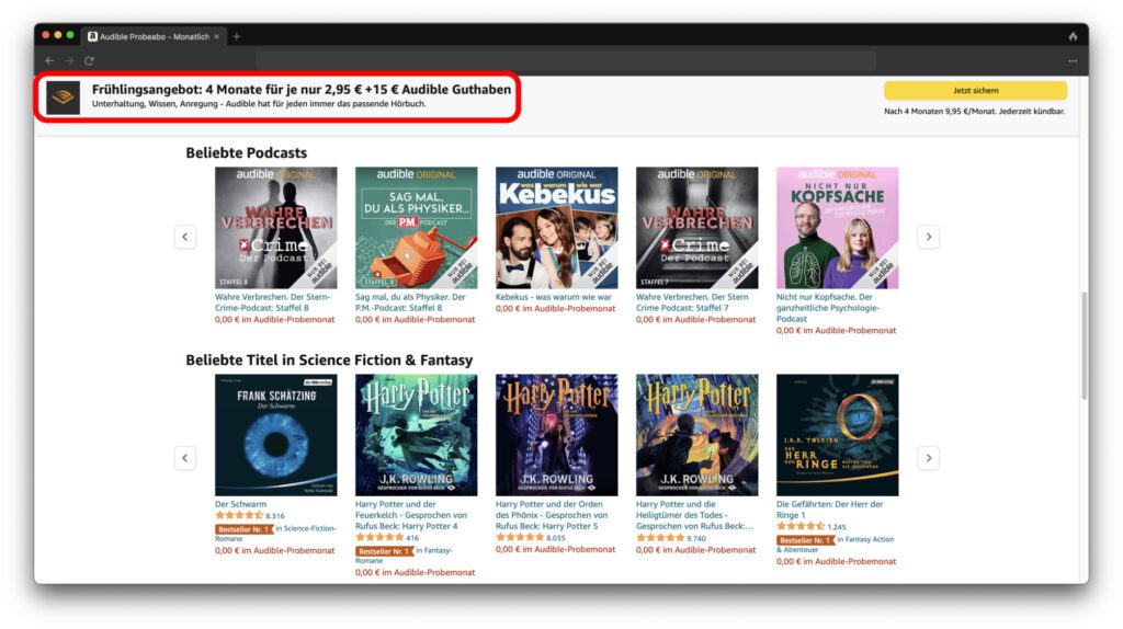 With Audible you can save numerous audio books and podcasts and listen to them again and again. In the current spring offer for new customers, the audio book credit is particularly cheap. After canceling the subscription, the purchased titles can be kept.