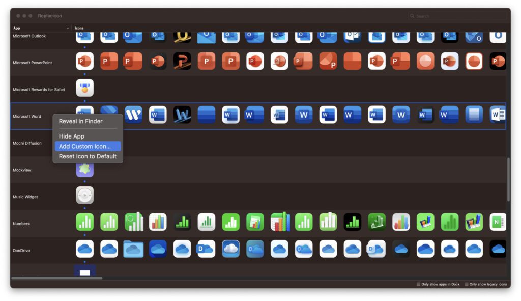 Die Option zum Einfügen eigener App-Symbole ist in Replacicon ein bisschen versteckt. Mit einem Rechtsklick auf die Zeile der jeweiligen App findet ihr aber den passenden Menüpunkt.