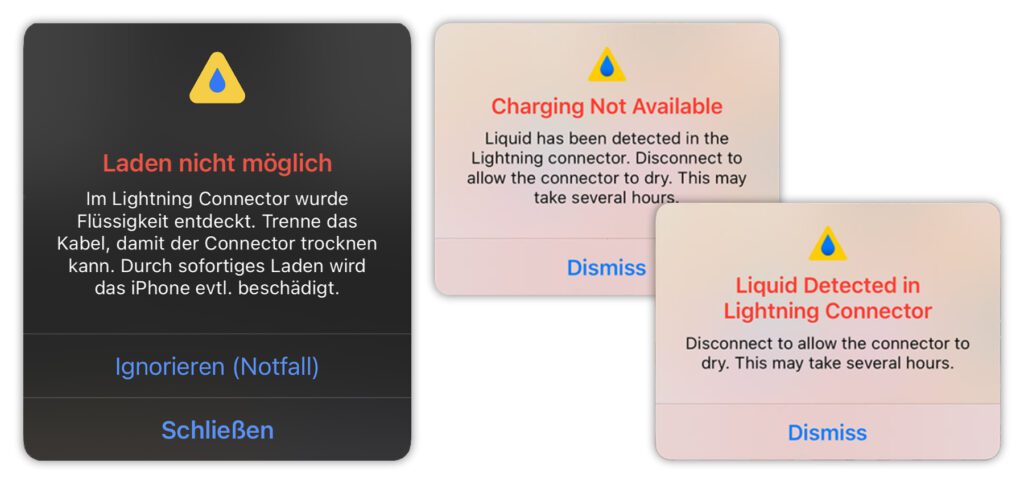 The warning on the Apple iPhone can look like this or something similar if charging is not possible because liquid was detected in the Lightning connector. Here are tips for dealing with this problem.