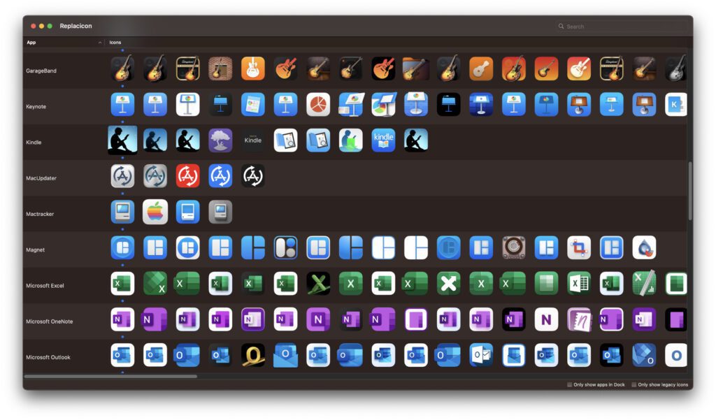 Hier habe ich nicht nur die Dock-Apps, sondern auch alle anderen mit anzeigen lassen. Außerdem habe ich die Symbolgröße nach oben korrigiert. Wollt ihr in Replacicon größere Icon-Vorschauen nutzen, wählt in der Menüleiste über View -> Thumbnail Size die Option "Large" aus. 