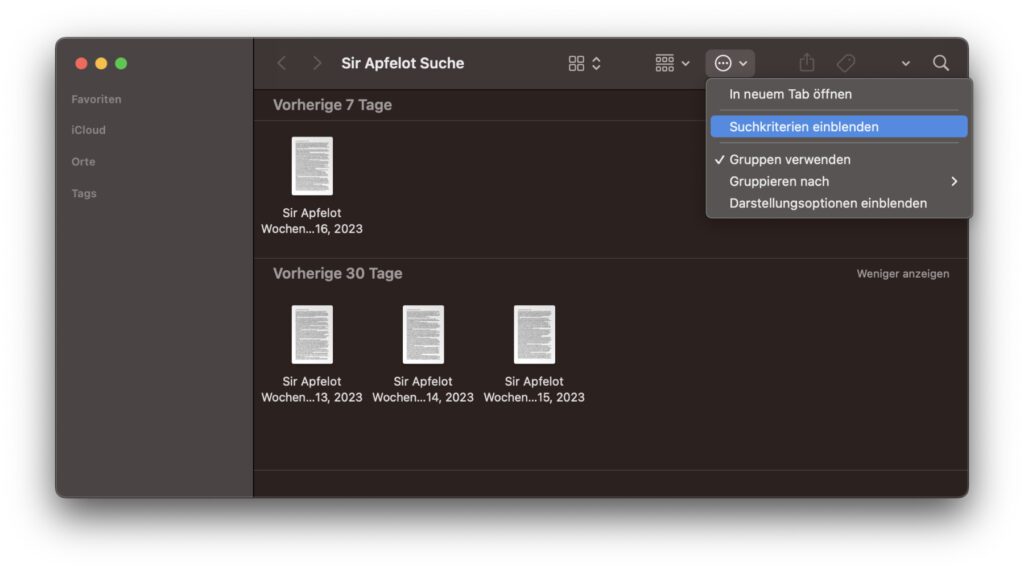 Die Möglichkeit zum Ändern und Anpassen von intelligenten Ordnern ist am Apple Mac nicht ganz intuitiv auffindbar. Sie ist dennoch nur zwei Klicks entfernt. Ihr erreicht sie über das Ordner-Menü in der Symbolleiste des Fensters.