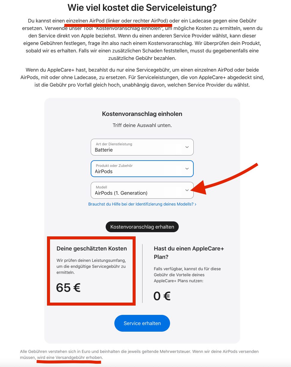 Hier sieht man die Kosten für den Akkutausch bei einem (!) AirPods Gen 1, wie es auf der Apple Webseite angeboten wird.