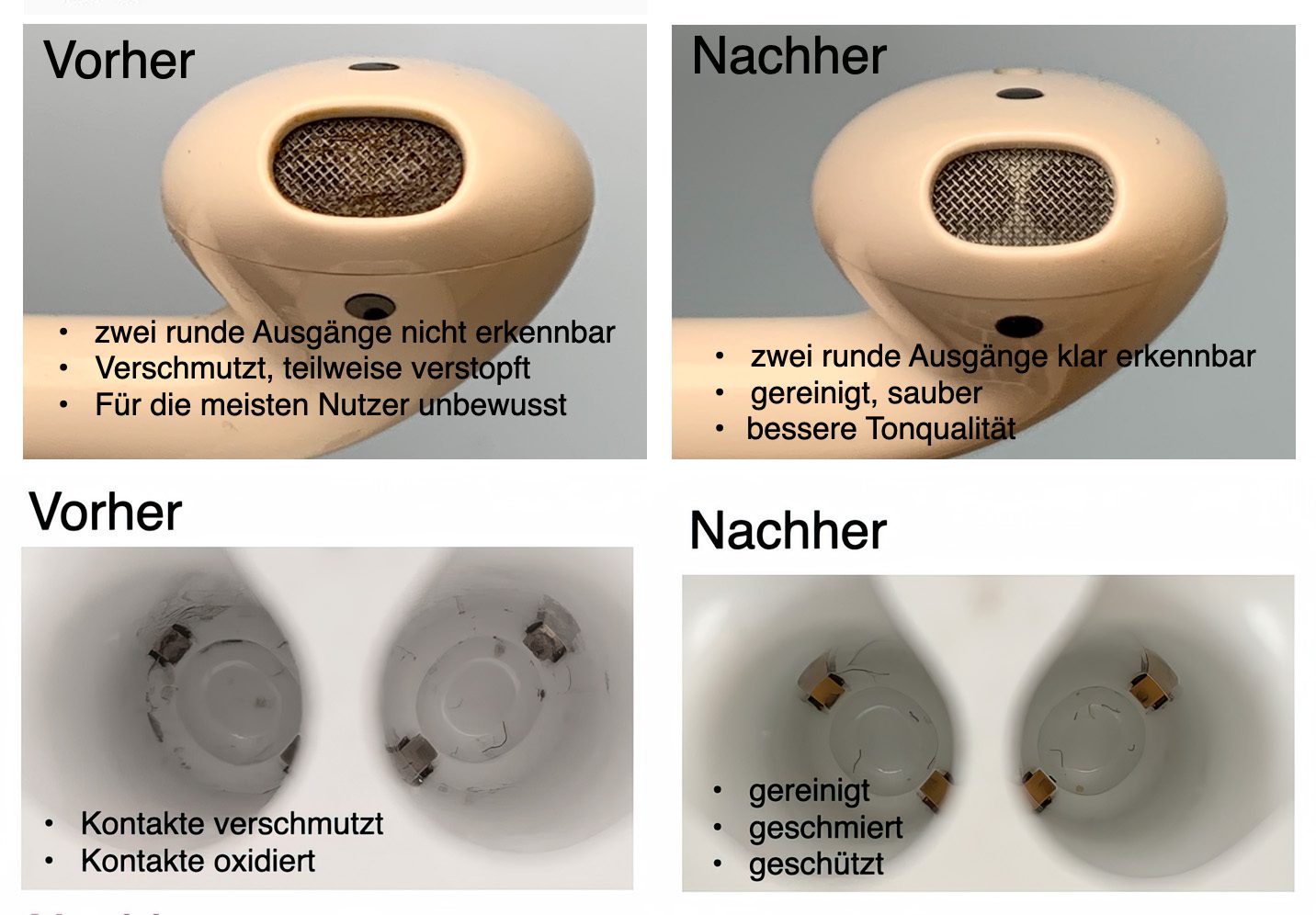 Mit zum Service gehört die Reinigung der Gitter und der Ladekontakte an den Ohrhörern und im Case (Foto: AirPods Doktor).