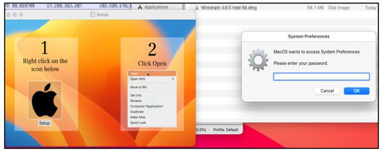So oder so ähnlich sieht die Installation und Berechtigungsabfrage von Atomic macOS Stealer derzeit aus. Gerade die gefälschte Passwort-Abfrage sollte alle Alarmglocken schellen lassen. Quelle: blog.cyble.com