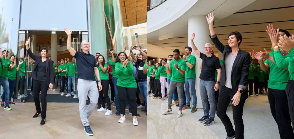 Deirdre O'Brien (Senior Vice President Retail + People) und Tim Cook (CEO) besuchen die neu eröffneten Apple Stores in Indien. Links Apple BKC in Mumbai und rechts Apple Saket in Neu-Delhi. Bilderquelle: Apple Newsroom