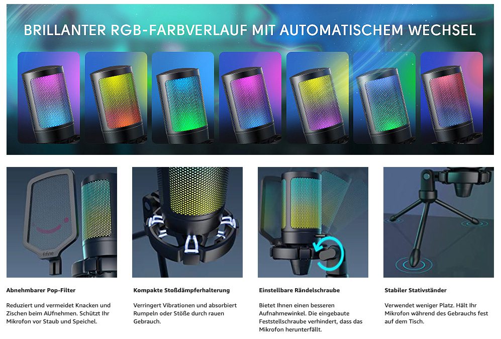 Eine bunte Beleuchtung qualifiziert das Fifine Mikrofon auch für den Einsatz im Gamingbereich (Grafik: Fifine).
