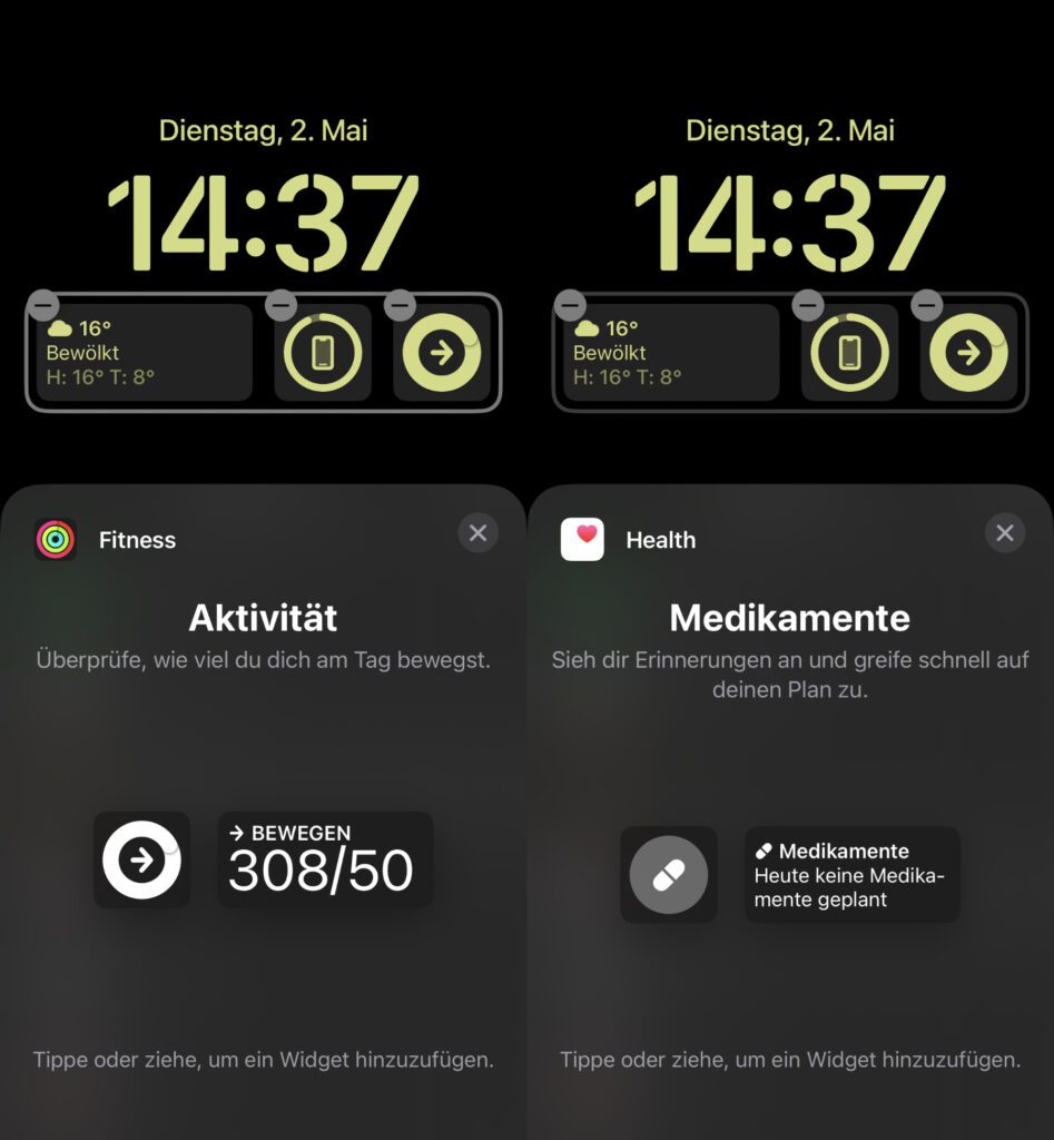 Die Auswahl der Daten, die sich mit Apple-eigenen Apps als Widgetinhalt anzeigen lassen, ist diplomatisch ausgedrückt "übersichtlich".