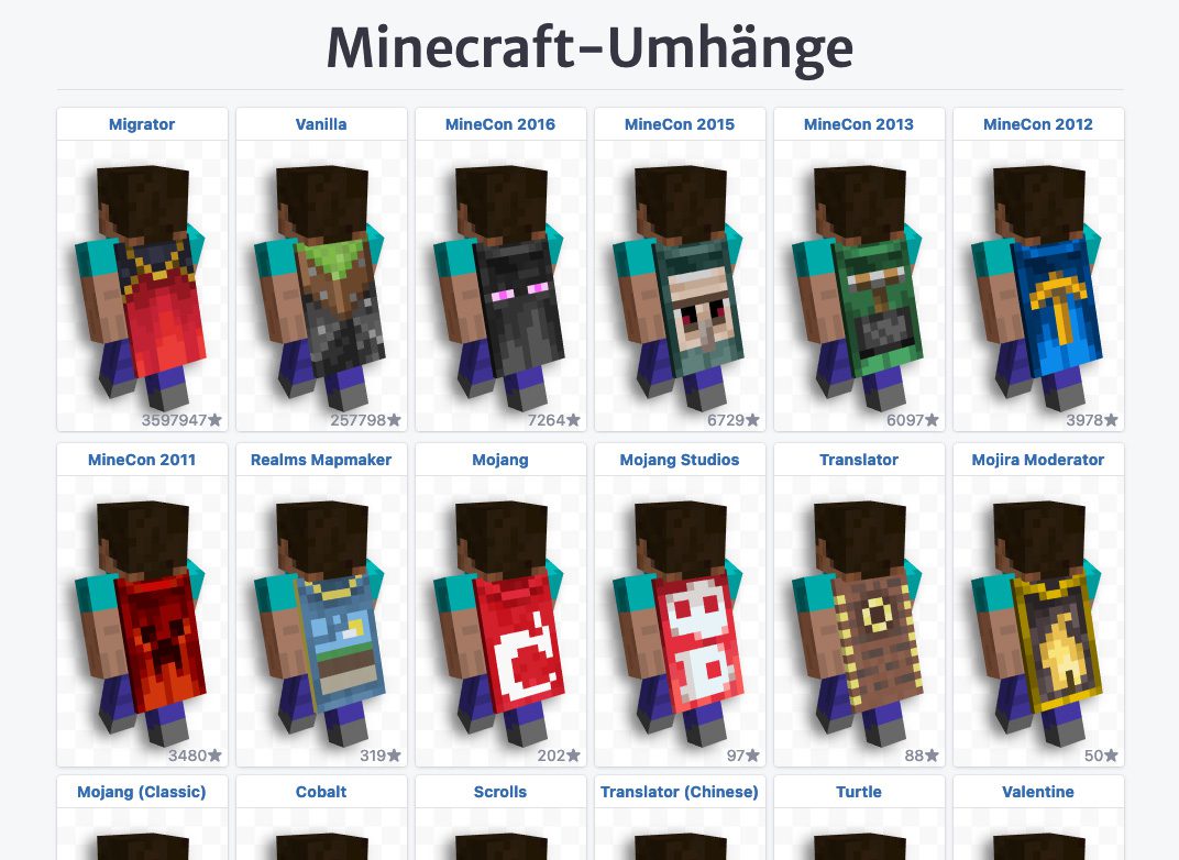Die Cape-Sammlung hat viele hübsche Umhänge für euren Minecraft-Spieler.