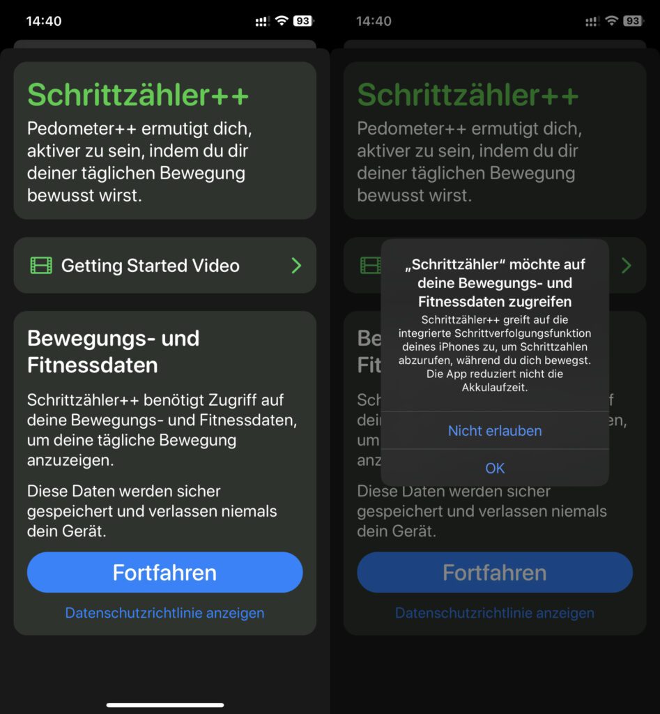 Als erstes muss der Schrittzähler++ App der Zugriff auf die nötigen Daten erlaubt werden.