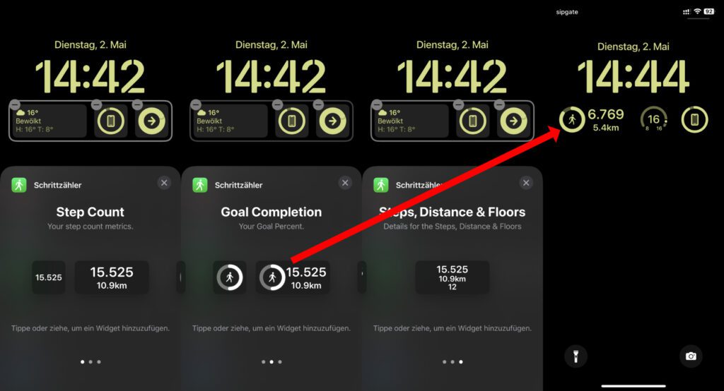 Ich habe das Fitness-Widget entfernt und ein kleineres Wetter-Widget platziert, um neben der Akkuanzeige Platz für das Schrittzähler-Widget "Goal Completion" zu schaffen.