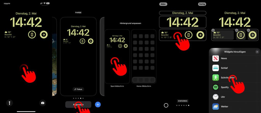 Startet die Bearbeitung des Sperrbildschirms und wählt für den Widget-Bereich unter der Uhr "Schrittzähler" aus der App-Liste aus.