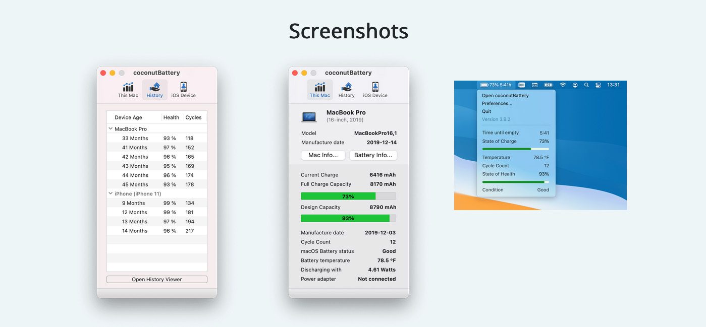 Screenshots von Coconut Battery, die zeigen, wie es in der App aussieht.
